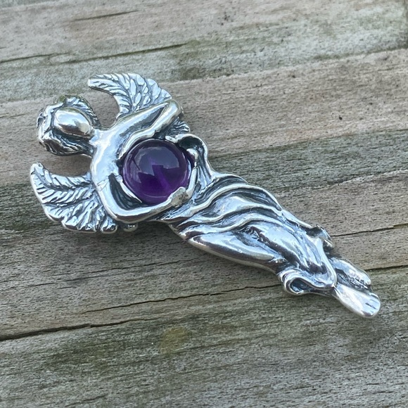 Dream Angel Pendant solid .925 Sterling Silver w/ genuine Amethyst made in USA - Picture 3 of 12
